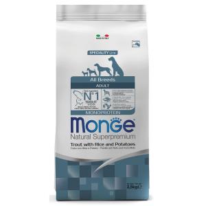 Корм для собак Monge Dog Monoprotein, 2.5 кг, форель с рисом и картофелем, размер 12x40x22см.
