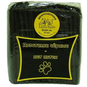Пеленки для животных Пелигрин Доброзверики Black, размер 60x60см., 12 шт., черный