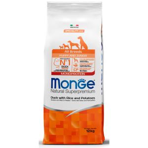 Корм для щенков Monge Dog Speciality Line Monoprotein , 12 кг, утка с рисом и картофелем, размер 35x9.5x82см.
