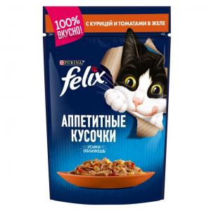 Корм для кошек Felix Аппетитные кусочки, 85 г, курица с томатами