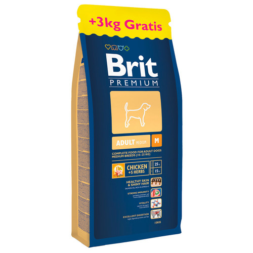 Корм для собак Brit Premium Adult M, 18 кг, курица